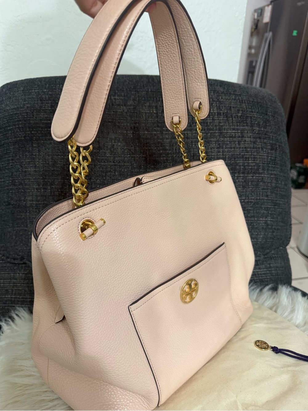Tory Burch Blush Pink Pebbled Leather Shoulder Bag with Gold Hardware